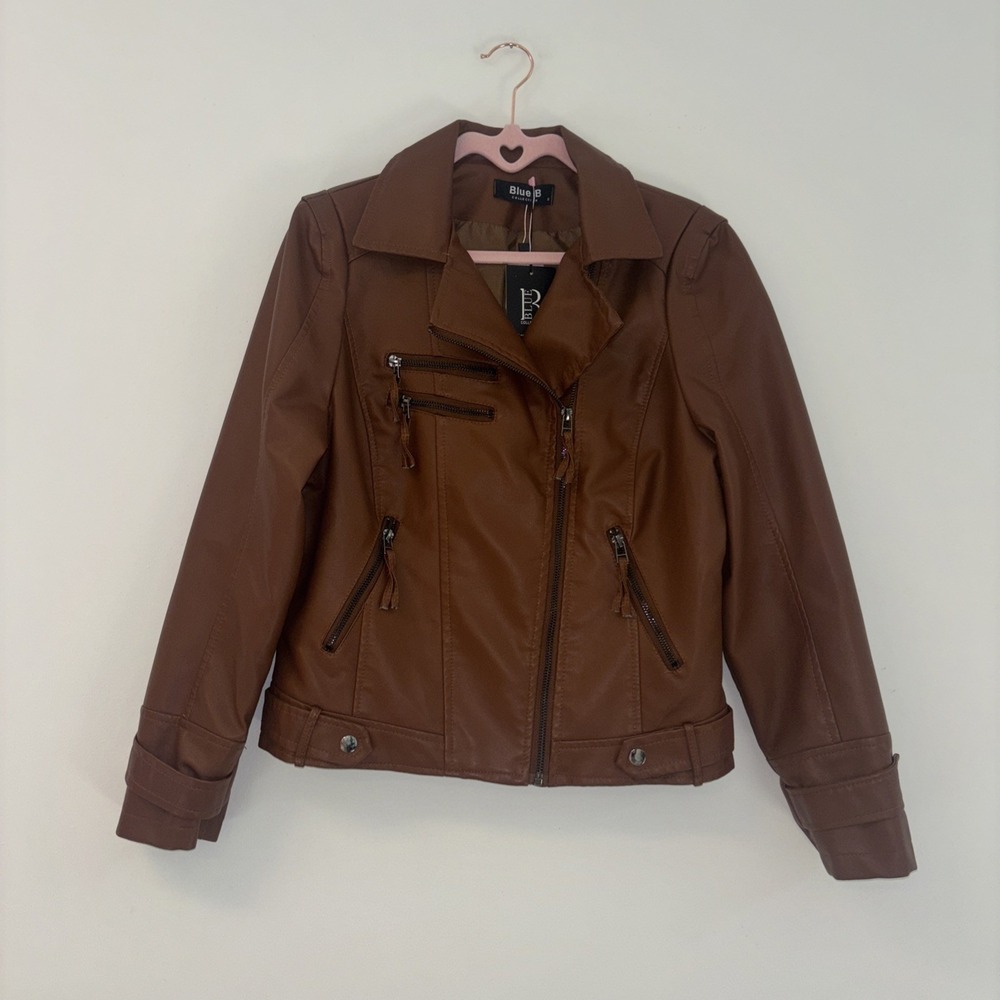 Blue‎ B Collection Women Brown Faux Leather Moto Jacket Buckle Detail Size S